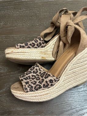 Leopard Print Espadrille Wedges with Tan Ankle Tie